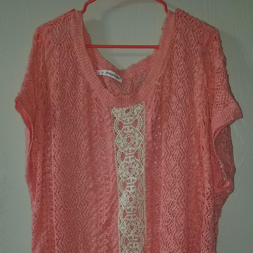 Coral Open Weave Sweater with Crochet Center Detai